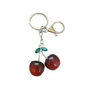 Cherry Keychain Bag Charm – Dark Red & Silver Tone (Brand New)